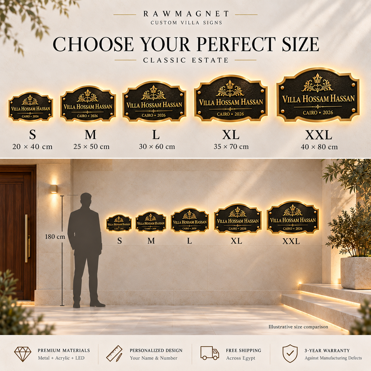 Classic estate illustrative size comparison at a villa entrance: 20 × 40, 25 × 50, 30 × 60, 35 × 70, 40 × 80 cm