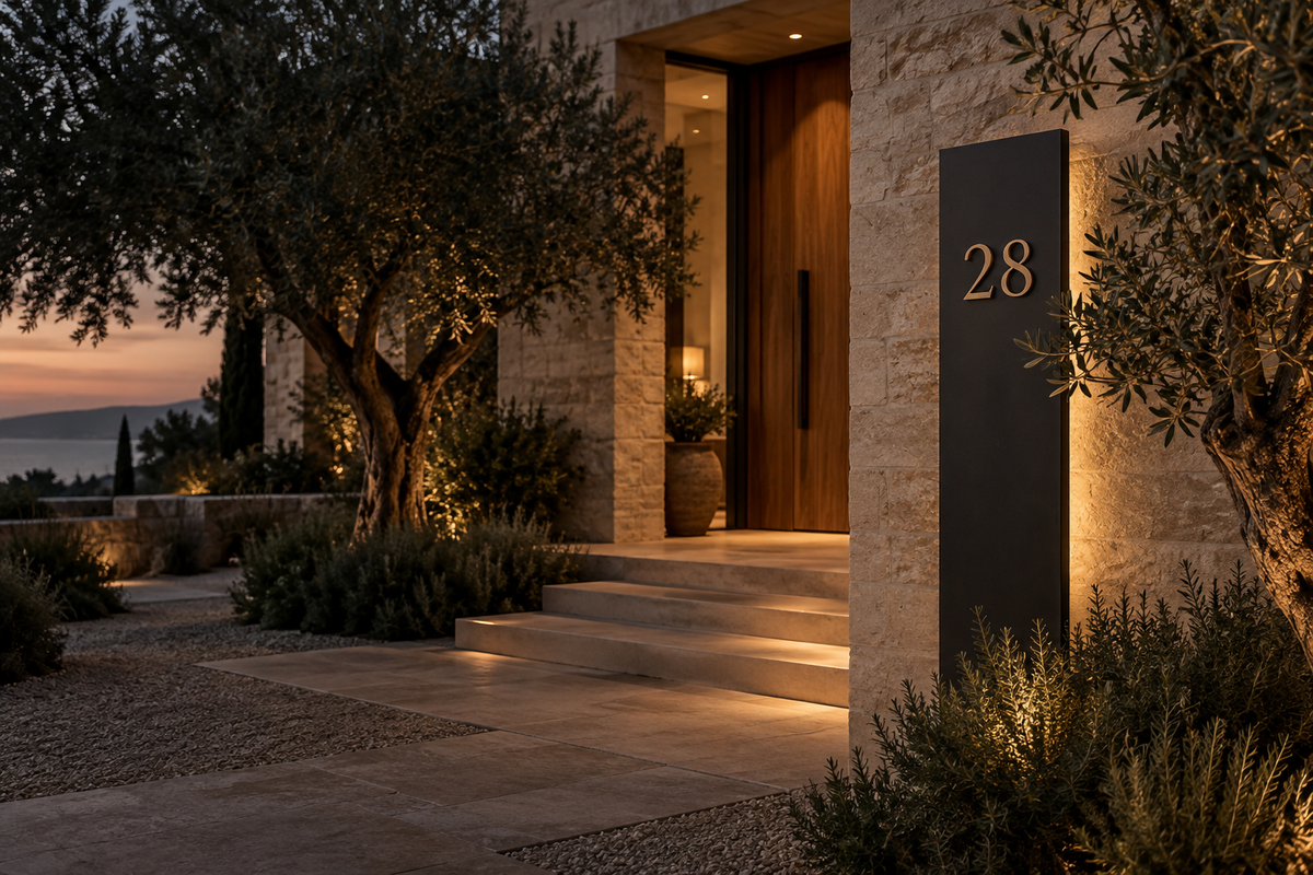 Backlit custom metal house sign at a limestone villa entrance — design inspiration
