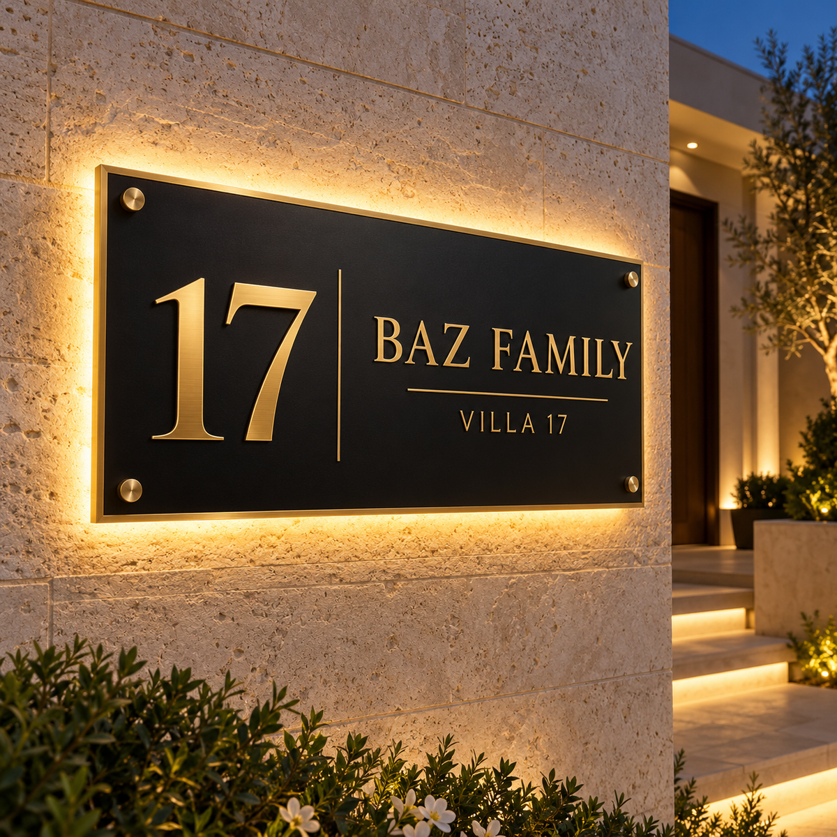 Family Identity custom LED villa sign with family name and villa number