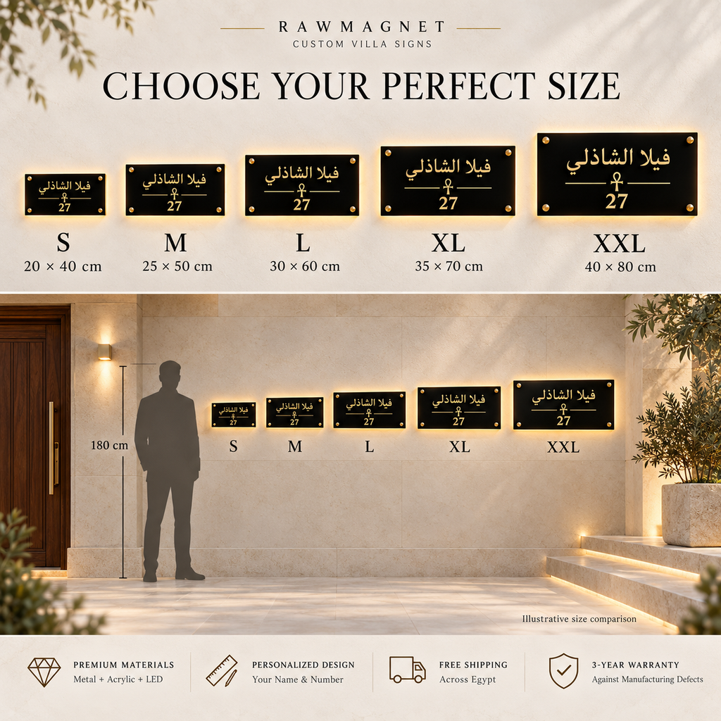 Illustrative RawMagnet size comparison at a villa entrance: 20 × 40, 25 × 50, 30 × 60, 35 × 70 and 40 × 80 cm