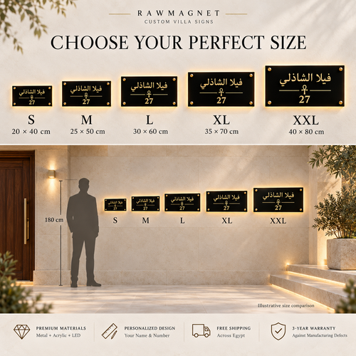 Illustrative RawMagnet size comparison at a villa entrance: 20 × 40, 25 × 50, 30 × 60, 35 × 70 and 40 × 80 cm