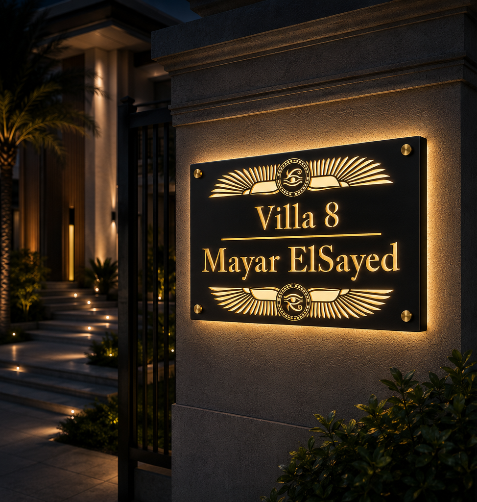 Winged Sun (Horus Eye) black and gold custom villa sign